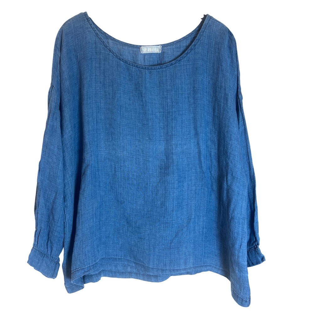CP Shades Womens Medium Blue 100% Linen Scoop Neck Long Sleeve Blouse Coastal